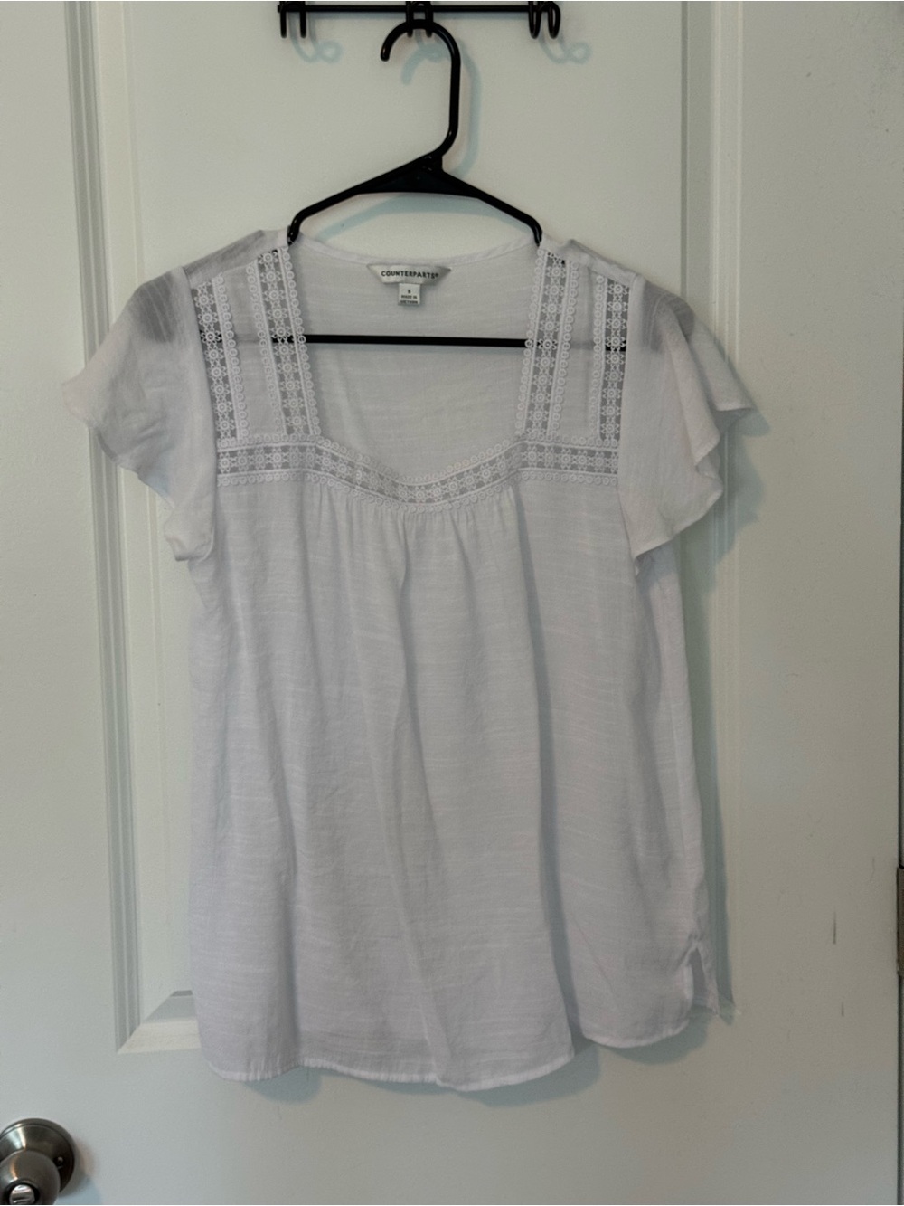 Counterparts White Crochet Yoke Flutter Sleeve Top